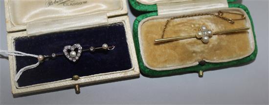 A late Victorian yellow metal, rose cut diamond and pearl set bar brooch and one other diamond and split pearl bar brooch.